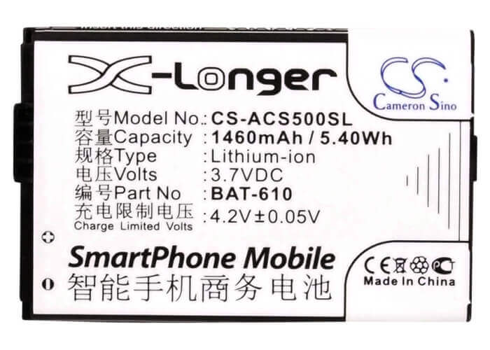 Battery For Acer Cloudmobile S500, S500, Cloud Mobile 3.7v, 1460mah - 5.40wh Batteries for Electronics Cameron Sino Technology Limited   