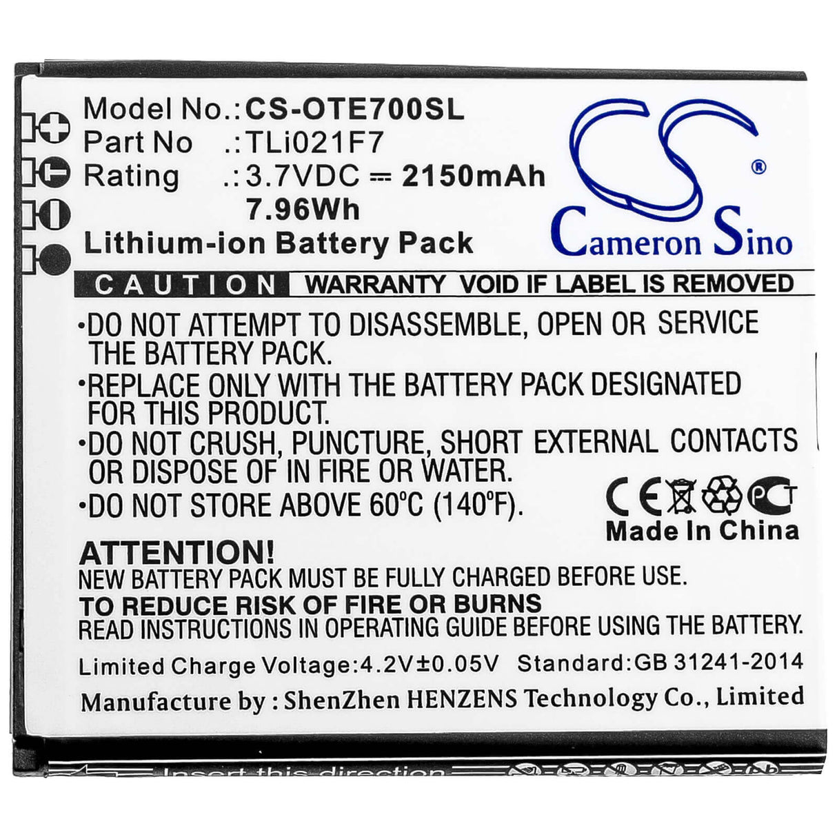 Battery For Alcatel, Ee70, Ee70vb, Ee 3.7v, 2150mah - 7.96wh Hotspot Cameron Sino Technology Limited   