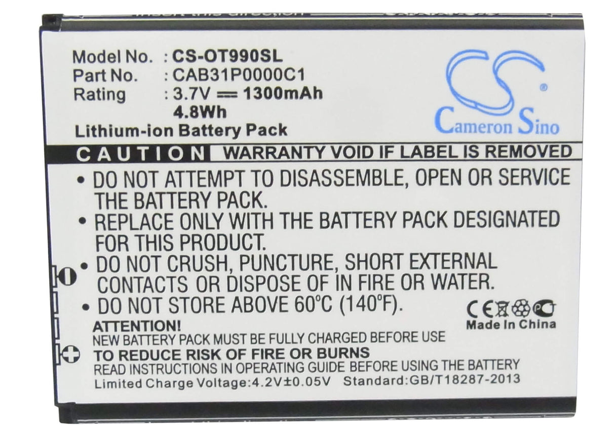 Battery For Alcatel One Touch 990, Ot-990, One Touch 908 3.7v, 1300mah - 4.81wh Mobile, SmartPhone Cameron Sino Technology Limited   