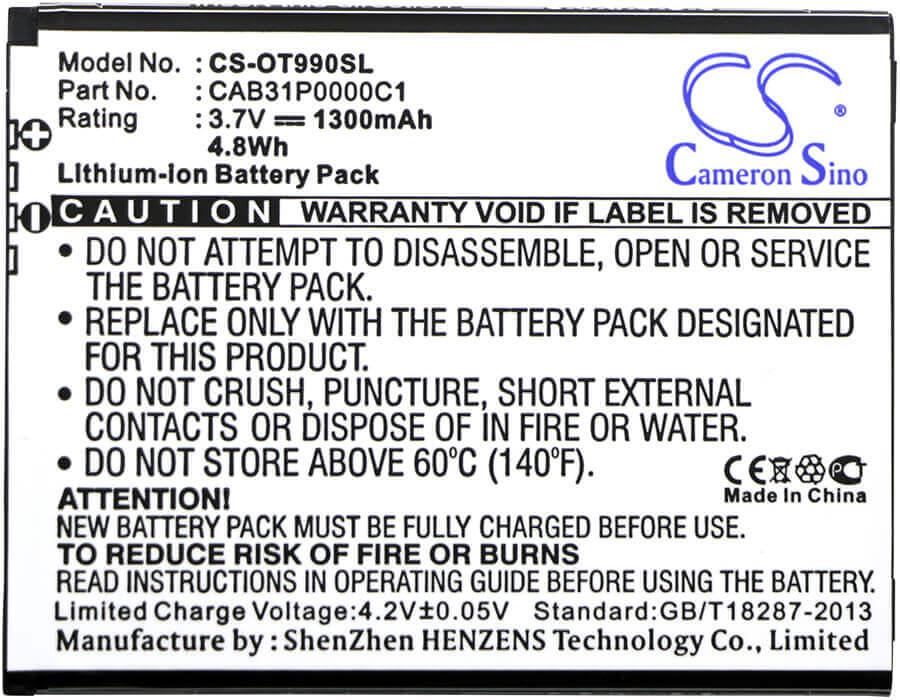 Battery For Alcatel One Touch 990, Ot-990, One Touch 908 3.7v, 1300mah - 4.81wh Mobile, SmartPhone Cameron Sino Technology Limited   