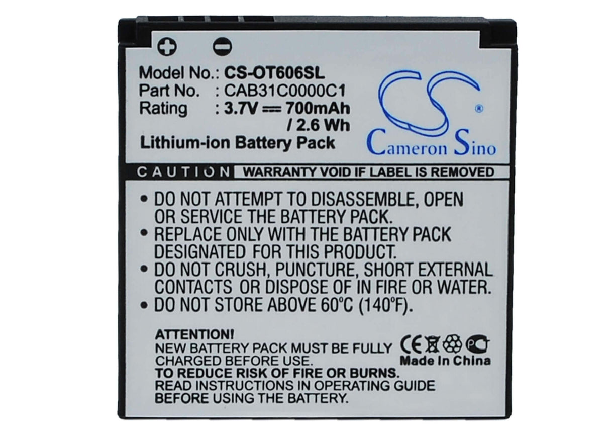 Battery For Alcatel Ot-606, Ot-606c, Ot-606a 3.7v, 700mah - 2.59wh Mobile, SmartPhone Cameron Sino Technology Limited   