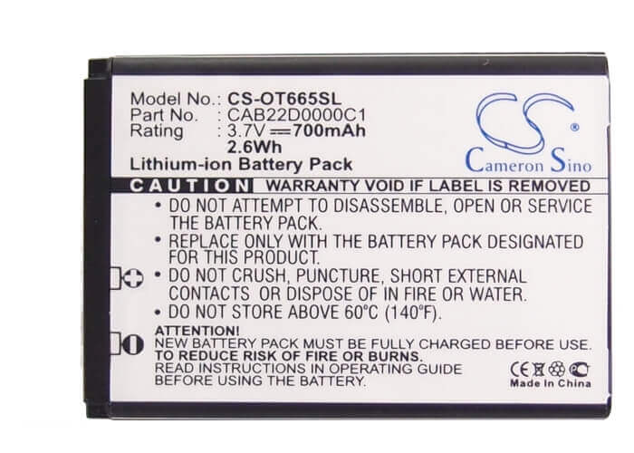 Battery For Alcatel Ot-665, Ot-665x, One Touch 665 3.7v, 700mah - 2.59wh Mobile, SmartPhone Cameron Sino Technology Limited   