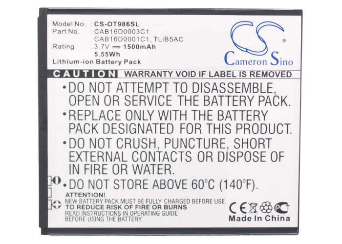 Battery For Alcatel Ot-986, Ak47, One Touch 986 3.7v, 1500mah - 5.55wh Mobile, SmartPhone Cameron Sino Technology Limited   