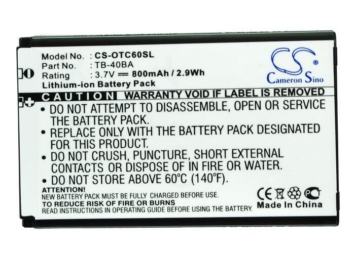 Battery For Alcatel Ot-c60, One Touch C60 3.7v, 800mah - 2.96wh Batteries for Electronics Cameron Sino Technology Limited   