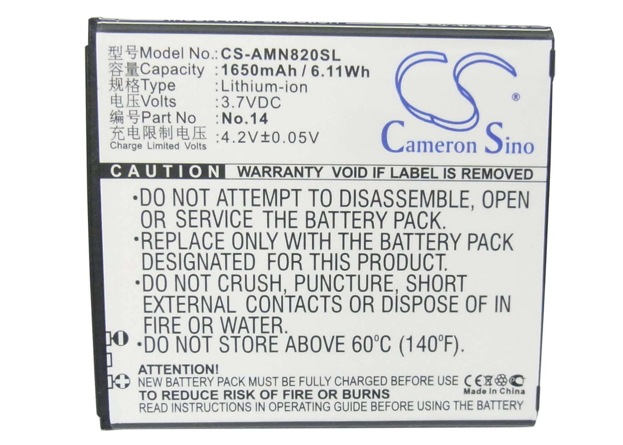 Battery For Amoi N820, N821, N828 3.7v, 1650mah - 6.11wh Mobile, SmartPhone Cameron Sino Technology Limited   