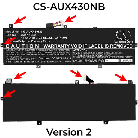 Battery For Asus, Bx430, Bx430ua, Bx430uq 11.55v, 4200mah - 48.51wh Notebook, Laptop Cameron Sino Technology Limited   