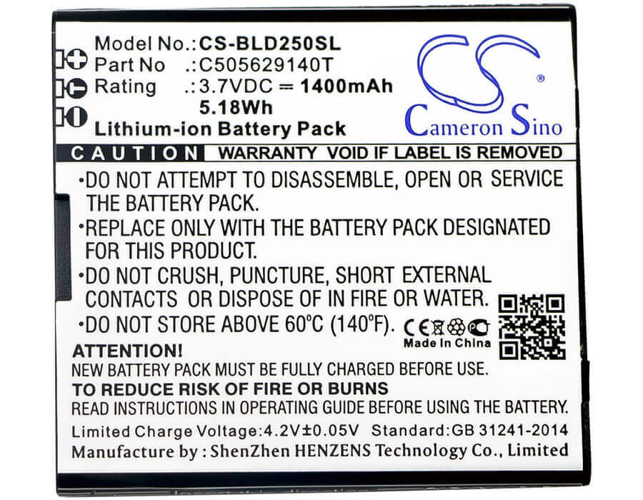 Battery For Blu, D250, Dash L2 3.7v, 1400mah - 5.18wh Mobile, SmartPhone Cameron Sino Technology Limited   