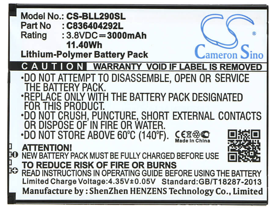 Battery For Blu Life 8 Xl, L290u 3.8v, 3000mah - 11.40wh Mobile, SmartPhone Cameron Sino Technology Limited   