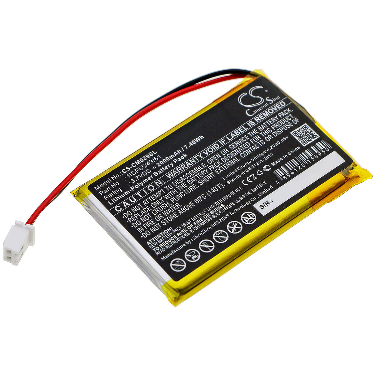 Battery For Custom Battery Pack, 1icp65/43/61 3.7v, 2000mah - 7.40wh Battery Pack Cameron Sino Technology Limited   