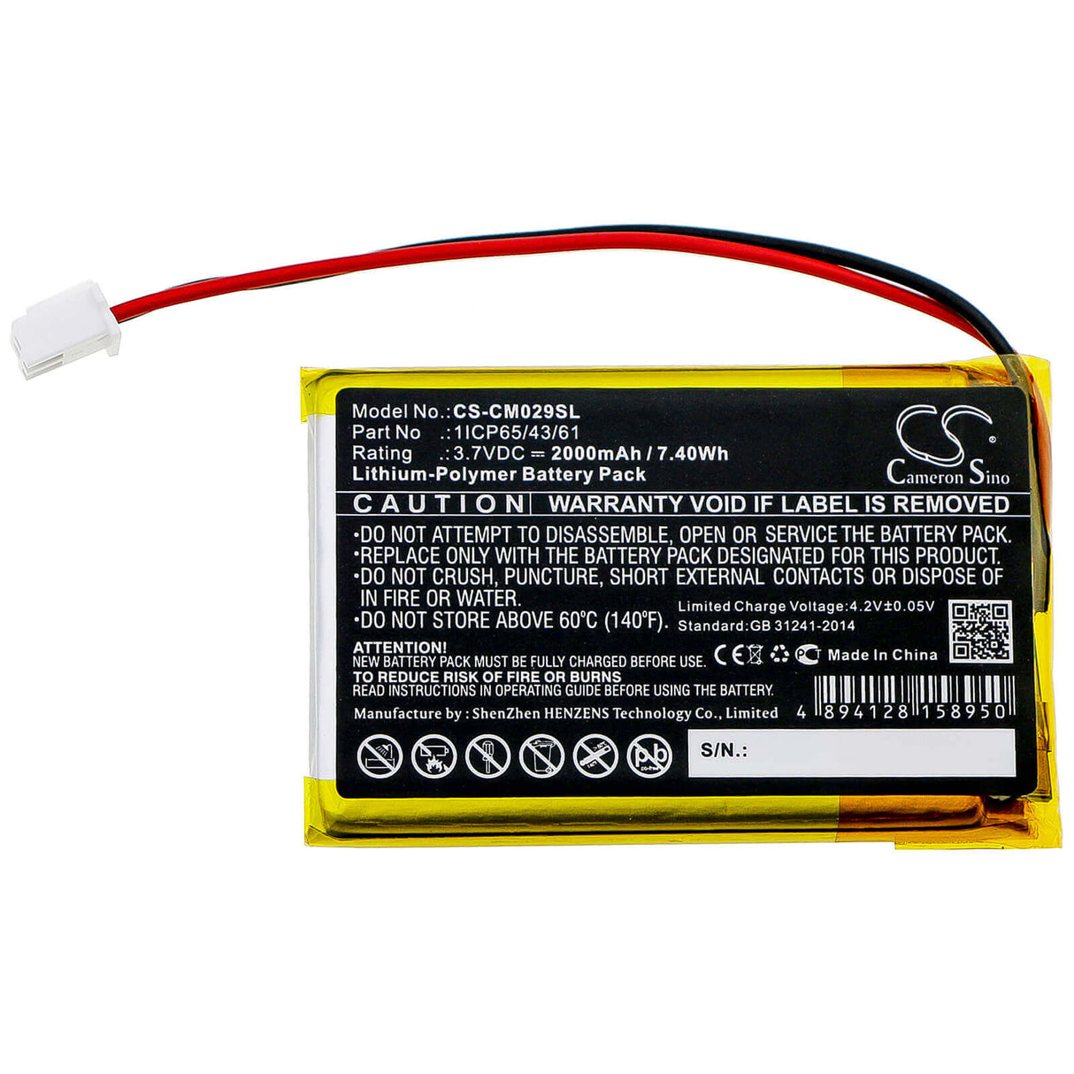 Battery For Custom Battery Pack, 1icp65/43/61 3.7v, 2000mah - 7.40wh Battery Pack Cameron Sino Technology Limited   