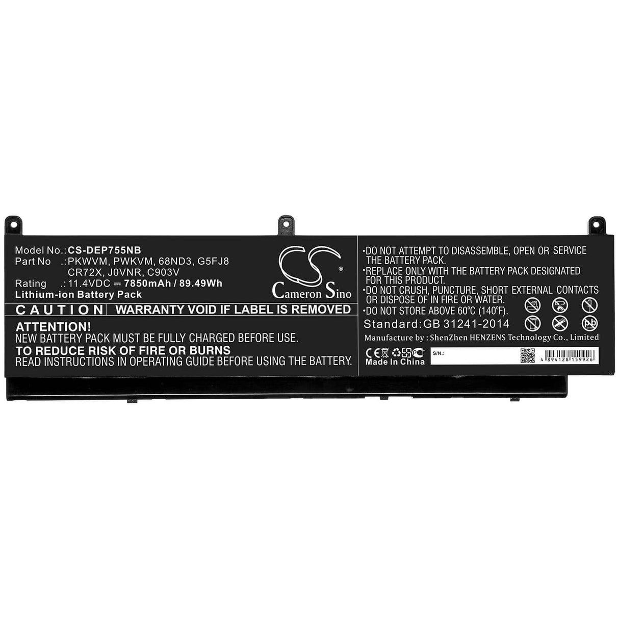 Battery For Dell, Precision 7550 11.4v, 7850mah - 89.49wh Notebook, Laptop Cameron Sino Technology Limited   