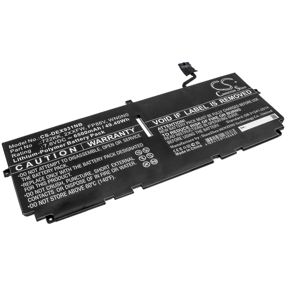 Battery For Dell, Xps 13 9300, Xps 13 9300 2020, Xps 13 9300 I5 Fhd 7.6v, 6500mah - 49.40wh Notebook, Laptop Cameron Sino Technology Limited   