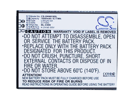 Battery For Gionee Gn705w, Gn705t, Gn818t 3.7v, 1650mah - 6.11wh Batteries for Electronics Cameron Sino Technology Limited   