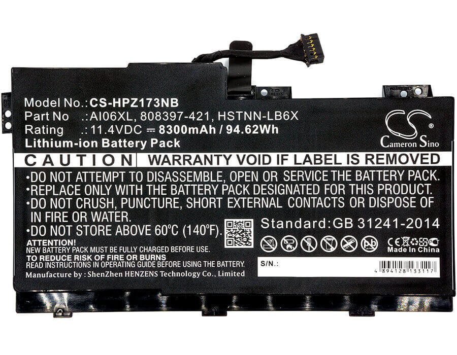 Battery For Hp, Zbook 17 G3, Zbook 17 G3 M9l94av 11.4v, 8300mah - 94.62wh Notebook, Laptop Cameron Sino Technology Limited   