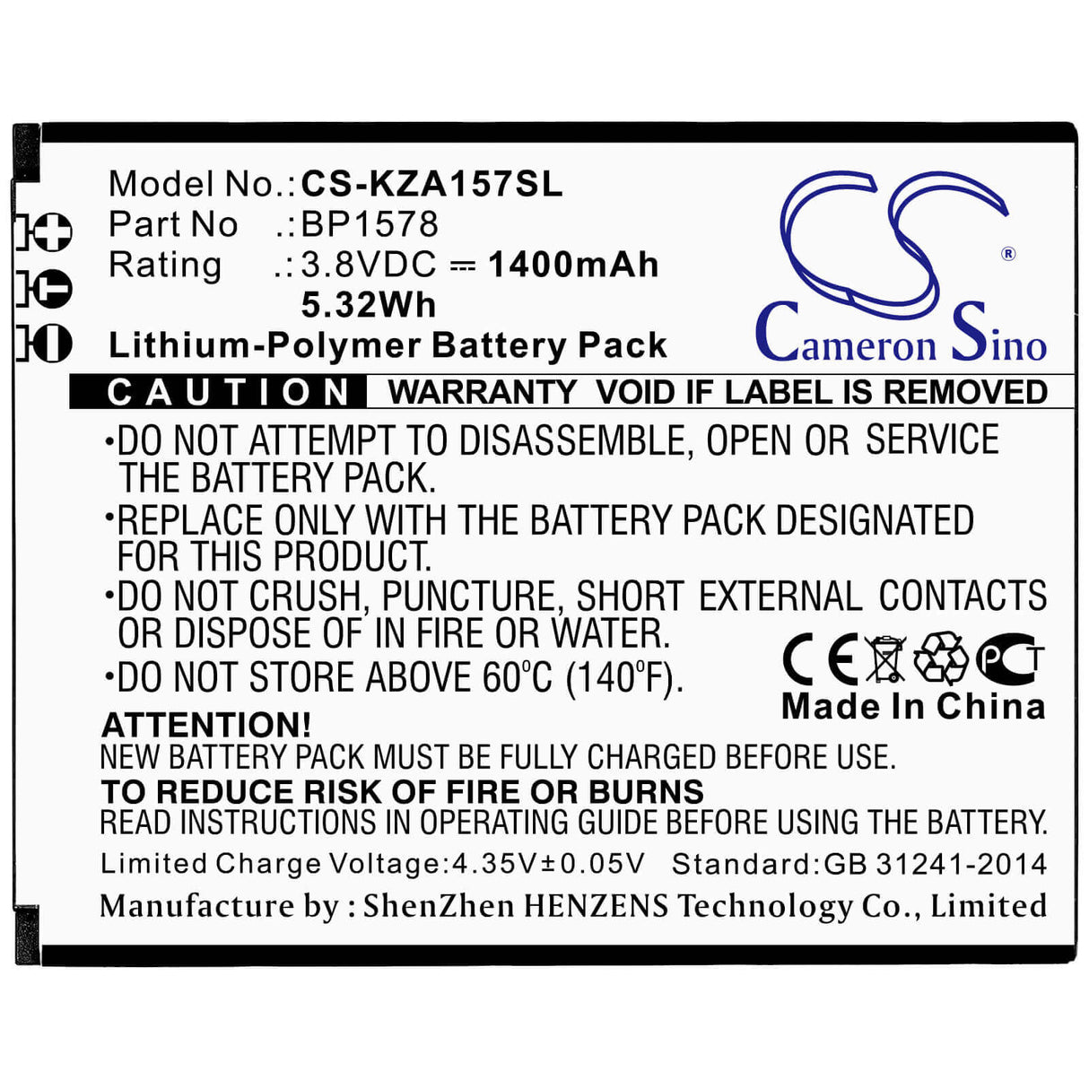 Battery For Kazuna, Etalk 4g, Kaz-f019, Kaz-f019pp 3.8v, 1400mah - 5.32wh Mobile, SmartPhone Cameron Sino Technology Limited   