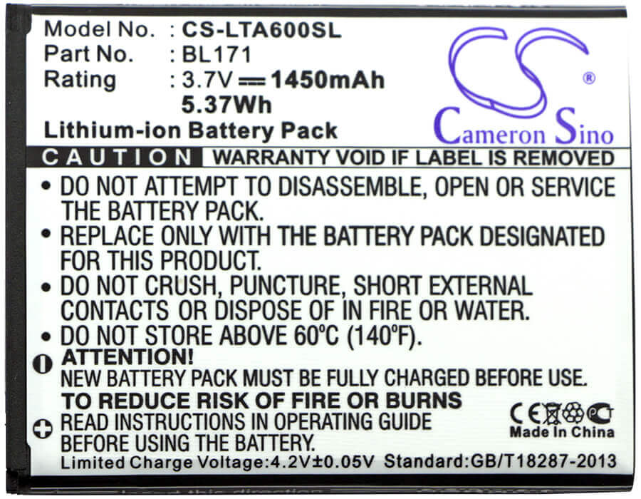 Battery For Lenovo A60, A65, A500 3.7v, 1450mah - 5.37wh Mobile, SmartPhone Cameron Sino Technology Limited   