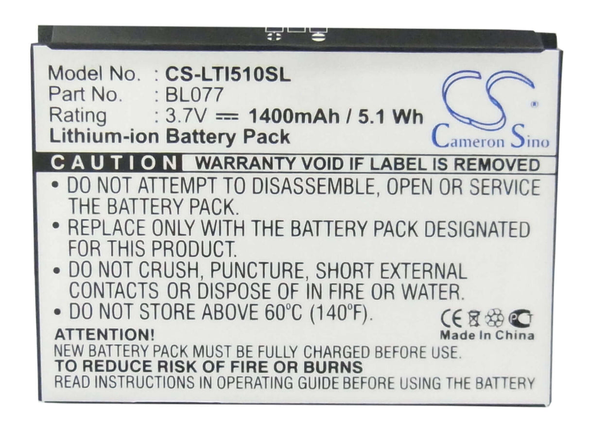 Battery For Lenovo I510 3.7v, 1400mah - 5.18wh Mobile, SmartPhone Cameron Sino Technology Limited   