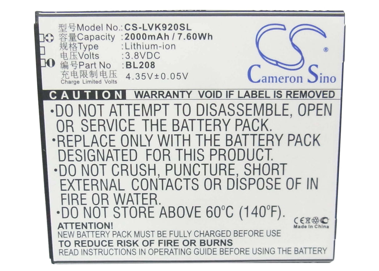 Battery For Lenovo S920 3.8v, 2000mah - 7.60wh Mobile, SmartPhone Cameron Sino Technology Limited   