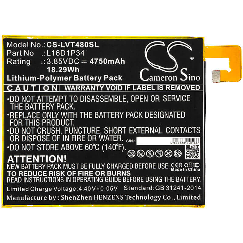 Battery For Lenovo, Tab4 8, Tab4 8 Plus, Tb-8504n 3.85v, 4750mah - 18.29wh Tablet Cameron Sino Technology Limited   