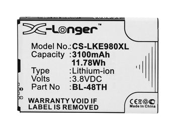 3.8V, Li-ion, 3100mAh, SmartPhone battery fits Lg, Bl-48th, E940, E977, 11.78Wh