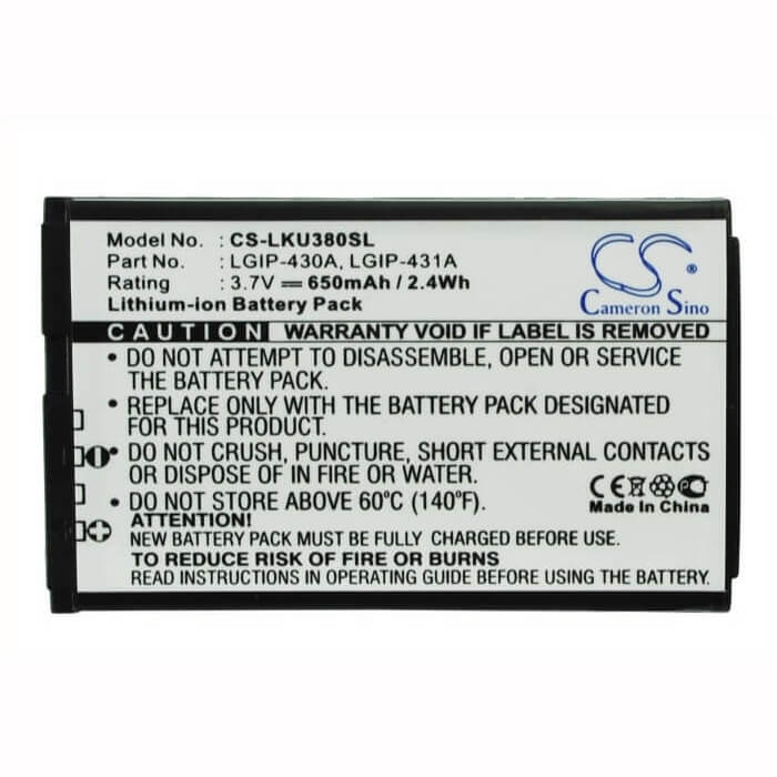 Battery For Lg Ku380, Kp100, Ce110 3.7v, 650mah - 2.41wh Mobile, SmartPhone Cameron Sino Technology Limited   