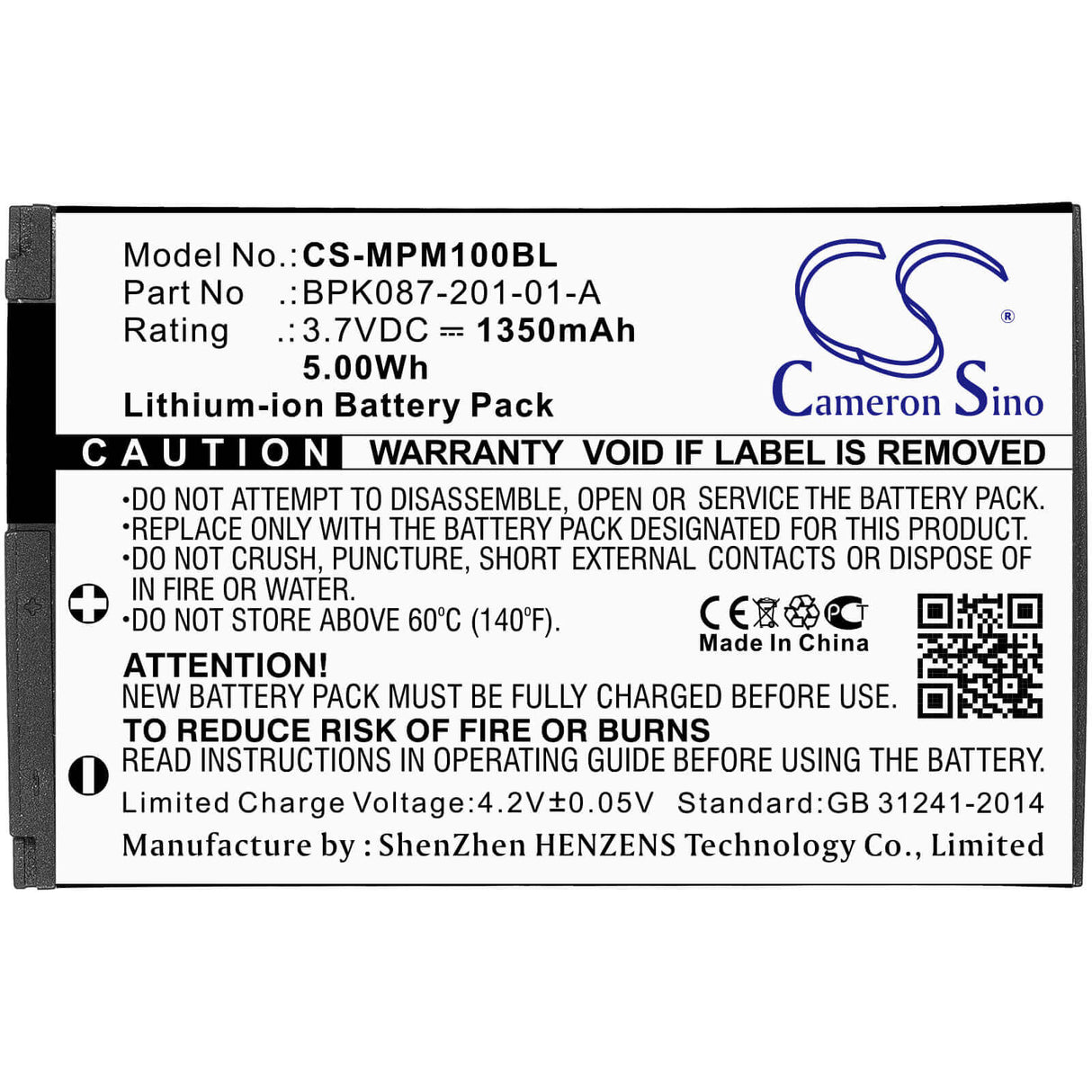 Battery For Motorola, Mpm100, Mpm-100 3.7v, 1350mah - 1.14wh Payment Terminal Cameron Sino Technology Limited   