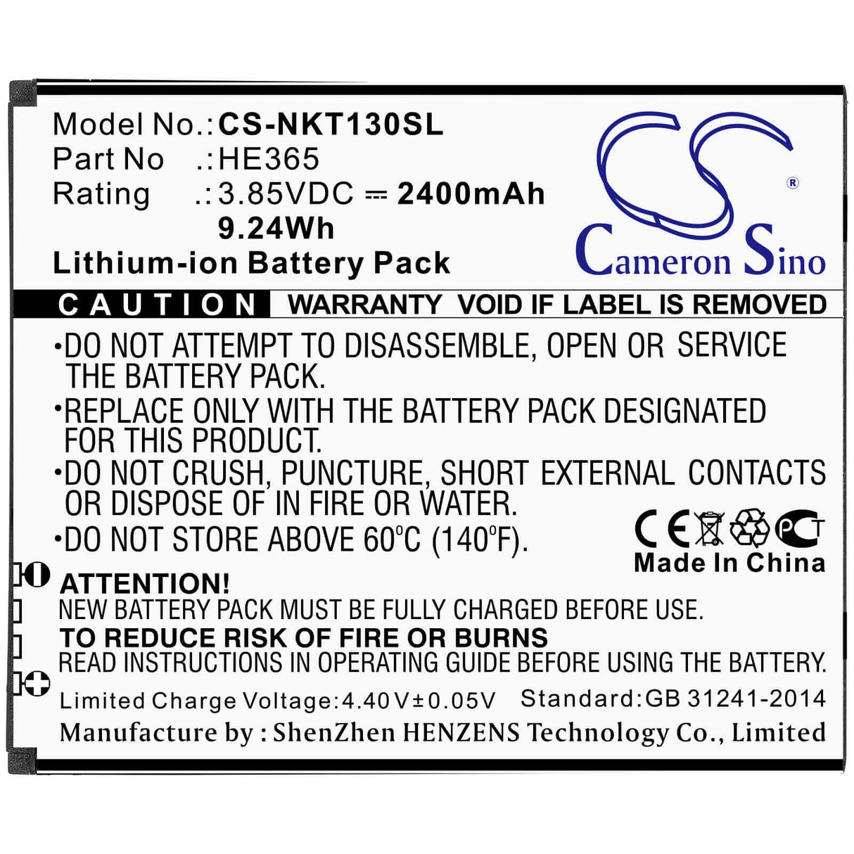 Battery For Nokia, Nokia 1 Plus, Ta-1111, Ta-1123 3.85v, 2400mah - 9.24wh Batteries for Electronics Cameron Sino Technology Limited   