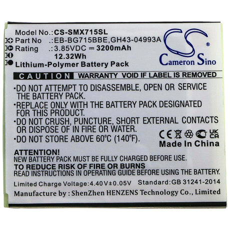 Battery For Samsung, Galaxy Xcover Pro, Sm-g715, Sm-g715fn/ds 3.85v, 3200mah - 12.32wh Mobile, SmartPhone Cameron Sino Technology Limited   