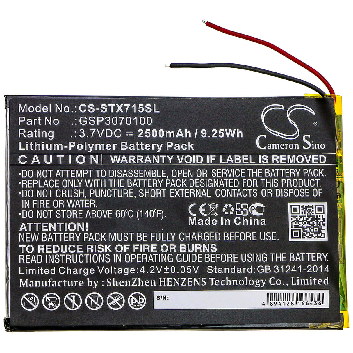 Tablet battery For Smartab, St7150 replaces GSP3070100, 3.7v, 2500mah - 9.25wh Tablet Cameron Sino Technology Limited   