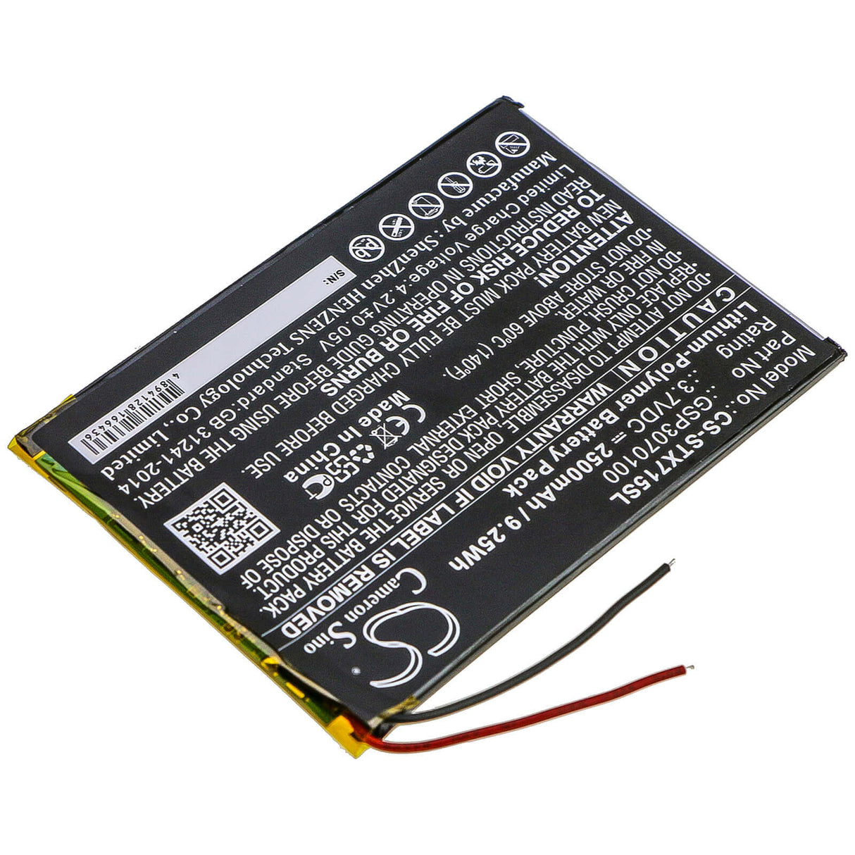 Tablet battery For Smartab, St7150 replaces GSP3070100, 3.7v, 2500mah - 9.25wh Tablet Cameron Sino Technology Limited   