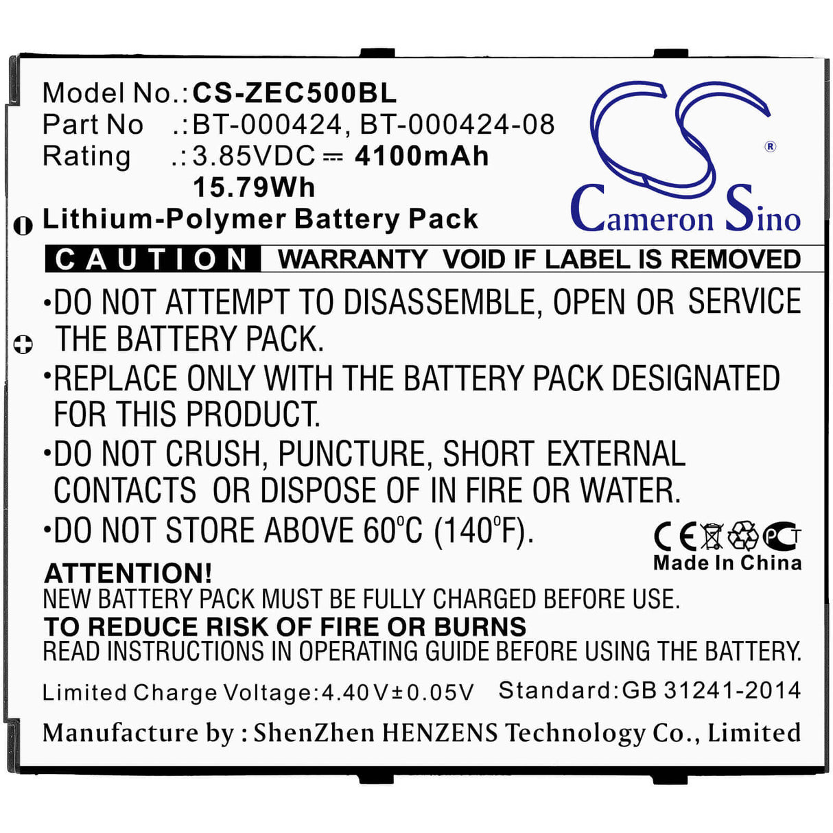 Battery For Zebra, Ec50, Ec55 3.85v, 4100mah - 15.79wh Barcode Scanner Cameron Sino Technology Limited   