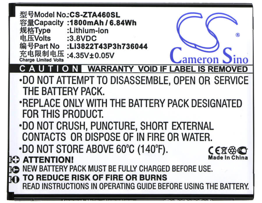 Battery For Zte, Blade A460, Blade L4 3.8v, 1800mah - 6.84wh Mobile, SmartPhone Cameron Sino Technology Limited   