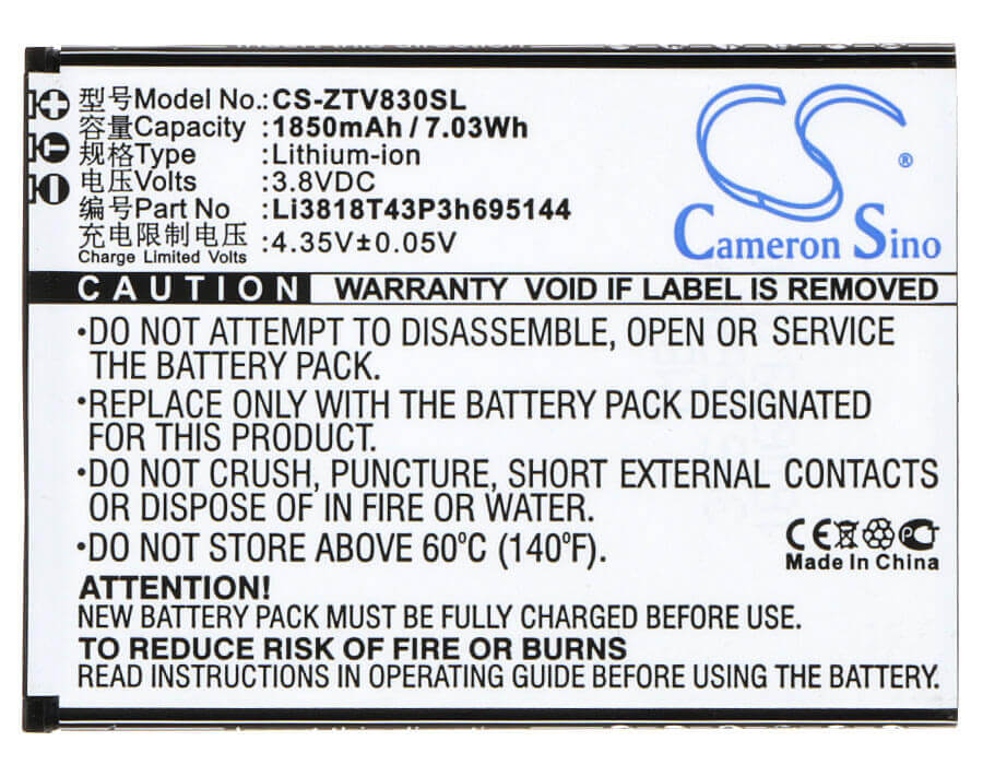 Battery For Zte Kis 3 Max, V830w 3.8v, 1850mah - 7.03wh Mobile, SmartPhone Cameron Sino Technology Limited   