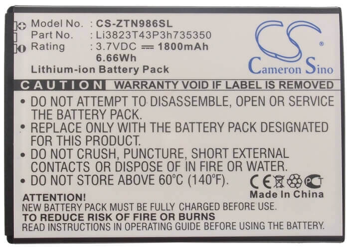 Battery For Zte N986, V975, U988s 3.7v, 1800mah - 6.66wh Hotspot Cameron Sino Technology Limited   