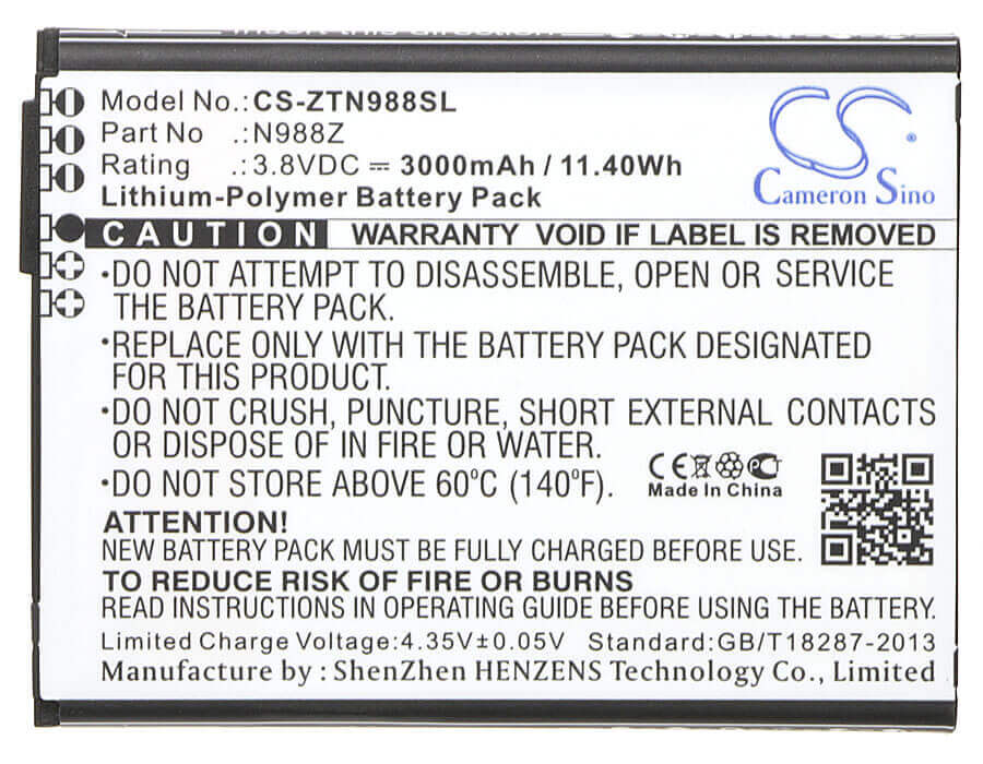 Battery For Zte N988z 3.8v, 3000mah - 5.55wh Mobile, SmartPhone Cameron Sino Technology Limited   