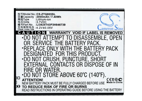 Battery For Zte Q805t 3.7v, 2000mah - 7.40wh Mobile, SmartPhone Cameron Sino Technology Limited   