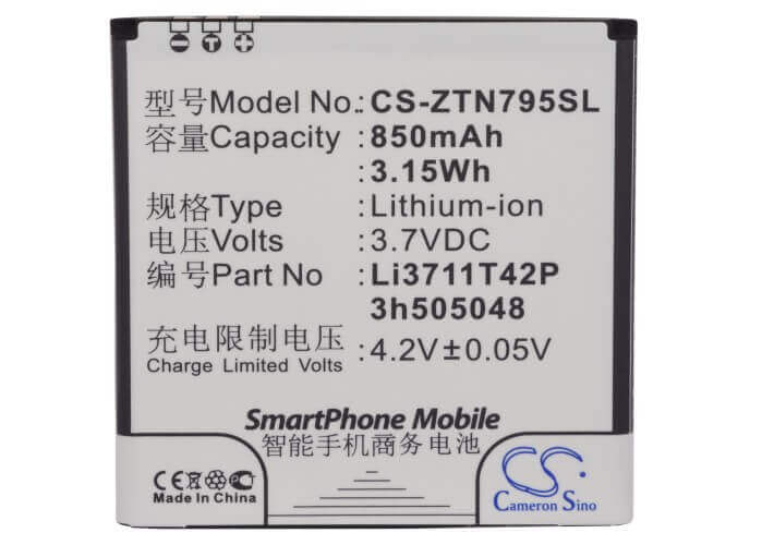 Battery For Zte U791, N795 3.7v, 850mah - 3.15wh Mobile, SmartPhone Cameron Sino Technology Limited   