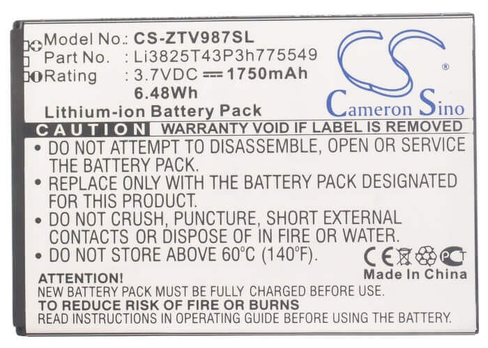 Battery For Zte V987, N919, V967s 3.7v, 1750mah - 6.48wh Mobile, SmartPhone Cameron Sino Technology Limited   