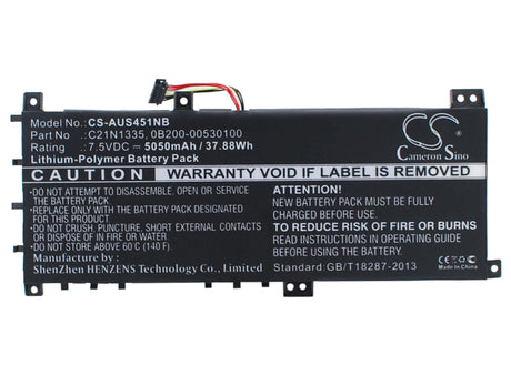 Black Battery For Asus Vivobook S451, Vivobook S451la, Vivobook S451lb 7.5v, 5050mah - 37.88wh Notebook, Laptop Cameron Sino Technology Limited   