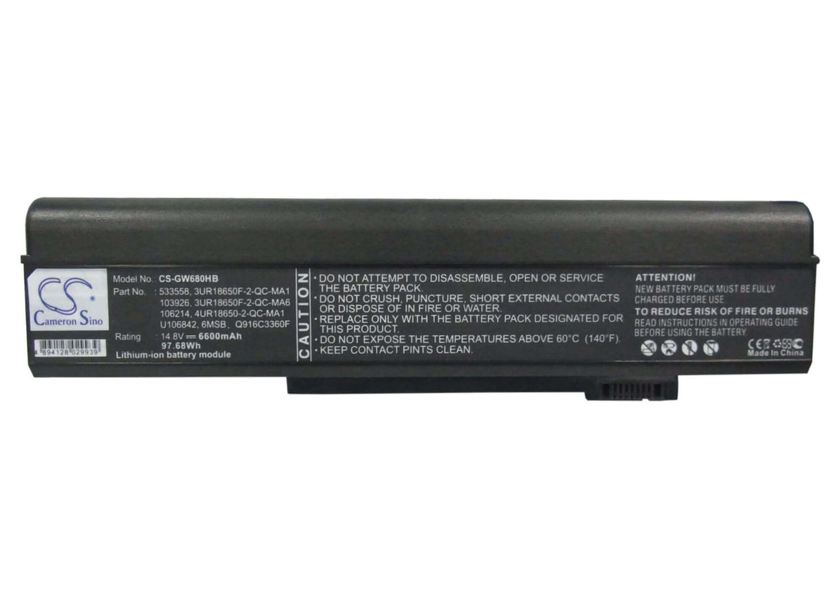 Black Battery For Gateway M360, M460, M680 14.8v, 6600mah - 97.68wh Batteries for Electronics Cameron Sino Technology Limited (Suspended)   