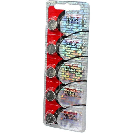 Five Pieces of 386 - Sr43w 1.55 Volt Silver Oxide Battery Replacement Coin Cell Batteries Maxell   