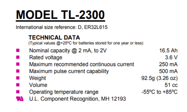 Tadiran TL-2300 Specification description